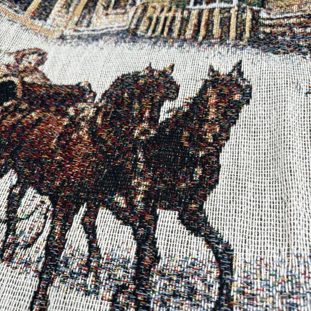 VTG Crown Crafts Horse Carriage Cottage Home Tapestry Woven Throw Blanket 46x54